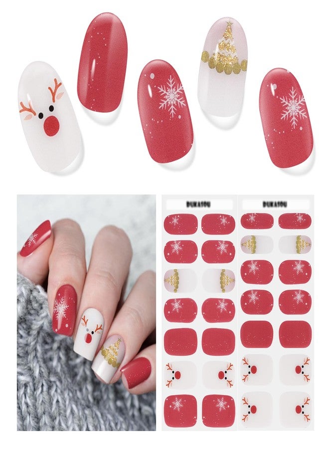 DUKASOU Semi Cured Gel Nail Strips, 28 Pcs Christmas Tree Snowflake Gel Nail Stickers Full Nail Wraps for Women, Long Lasting UV Light Needed, Winter Holiday - Image 1